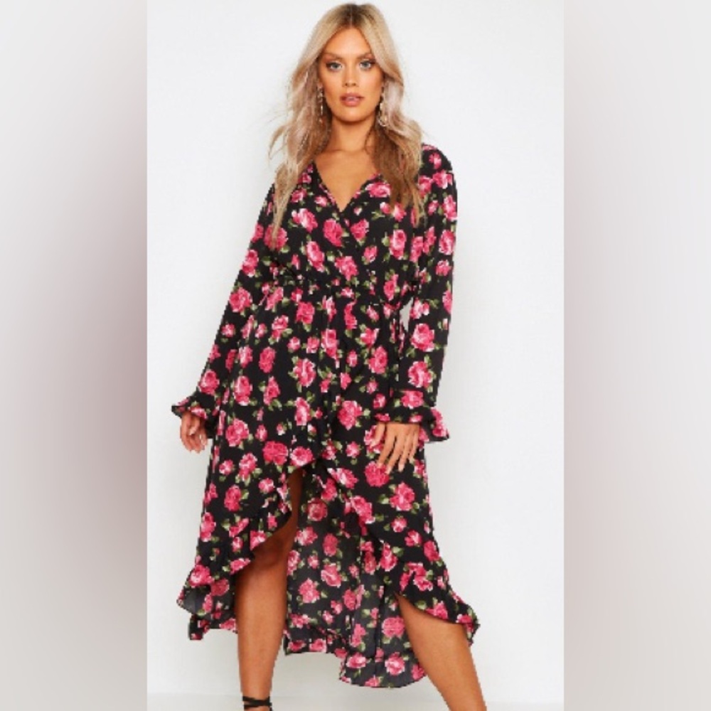 PLUS FLORAL ROSE WRAP MIDI DRESS fuschia, black and green Boohoo Size 20